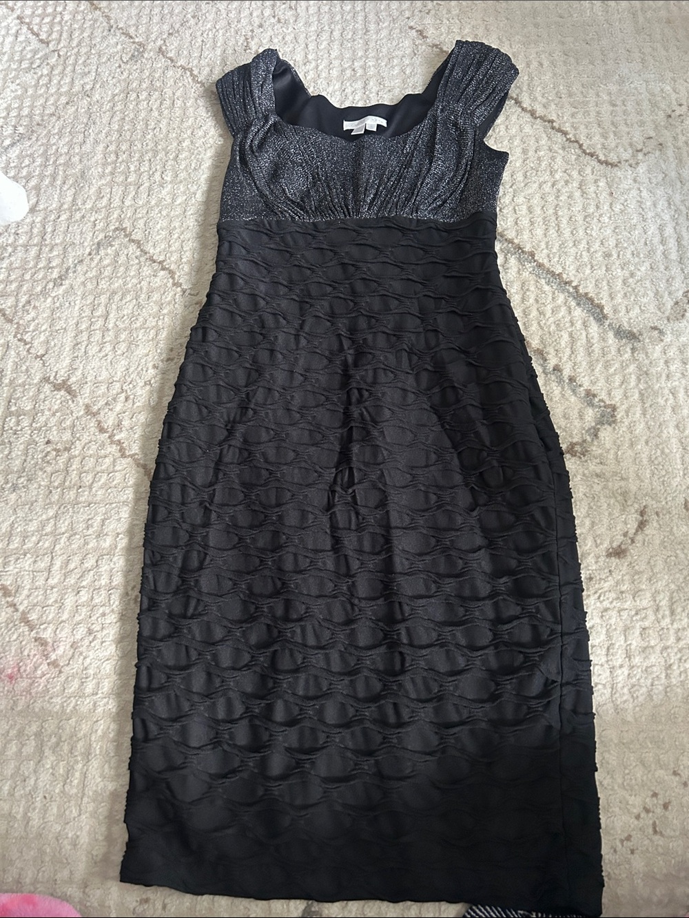 London Times Black Textured Midi Dress with Shimmer Bodice
